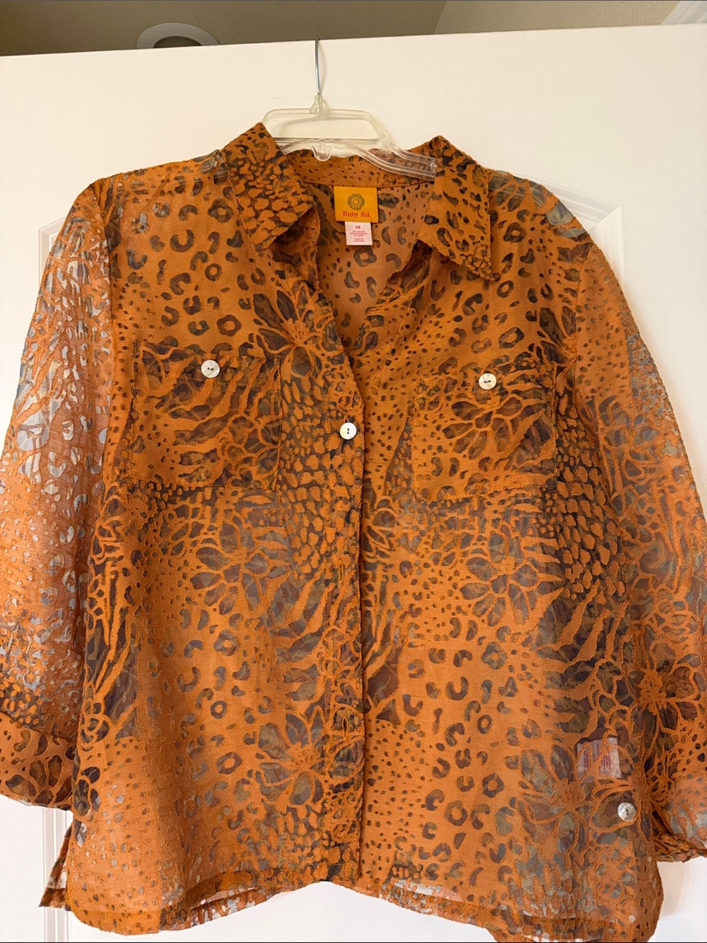 Ruby Rd. Rust Orange Sheer Animal-Print Button Front Shirt